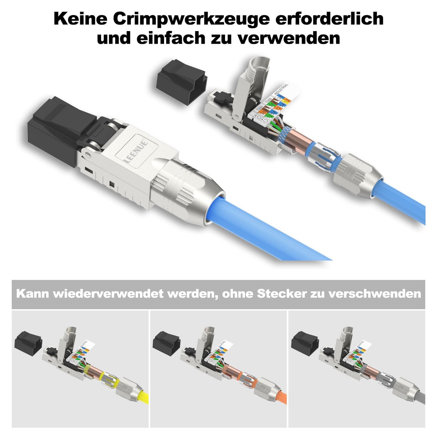 LEENUE network plug cat7 tool-less, Gold-plated RJ45 plug Tool-less POE for Cat7 Cat6A solid cables, tool-less lan plug cat 7 10 Gbit/s 600 MHz, Shielded, Reusable, 4 pieces