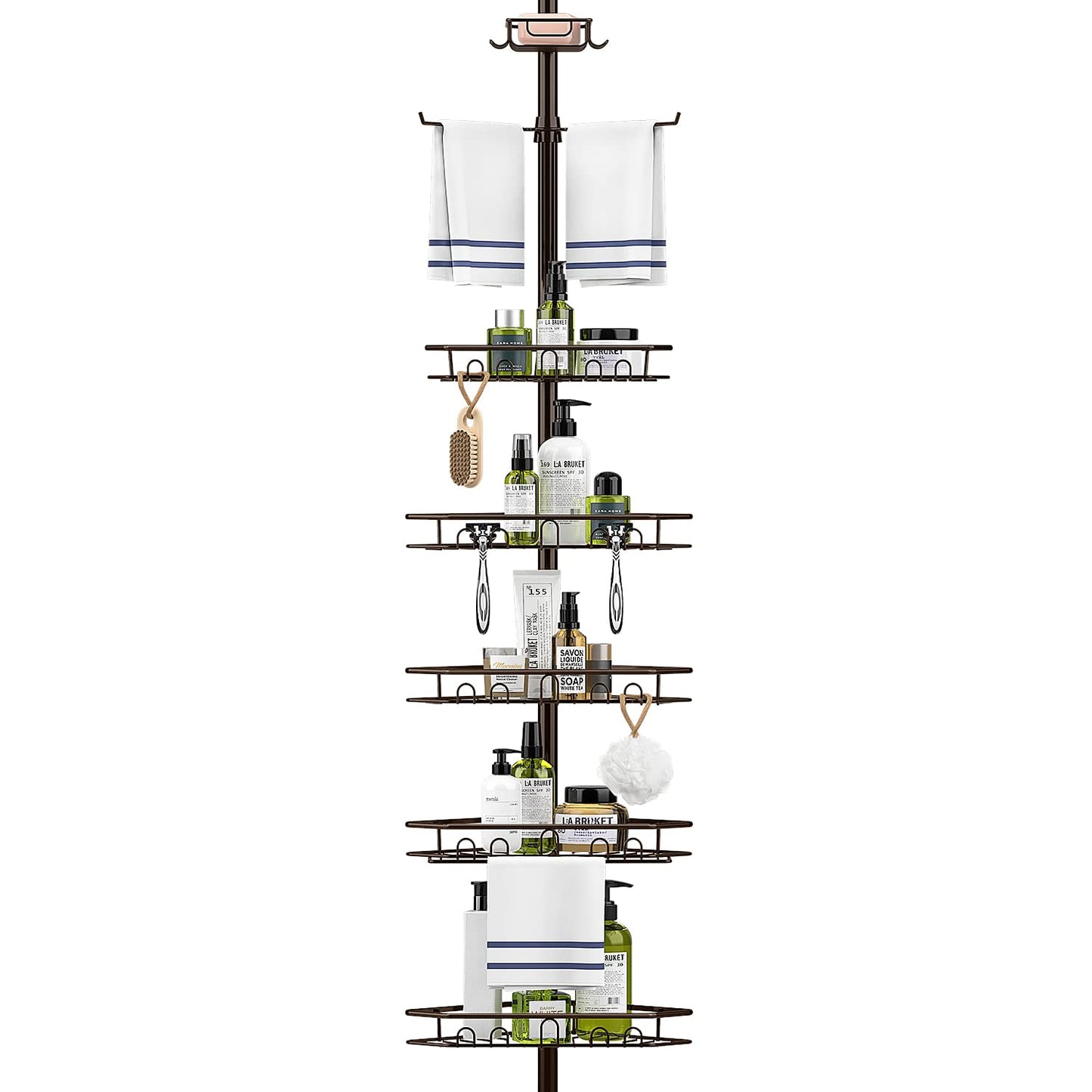 Bomclap 5-level telescopic shower shelf, metal corner shelf with towel holder, shower caddy without drilling with towel bar, shower corner for 137-290 cm height.