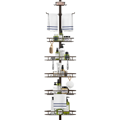 Bomclap 5-level telescopic shower shelf, metal corner shelf with towel holder, shower caddy without drilling with towel bar, shower corner for 137-290 cm height.