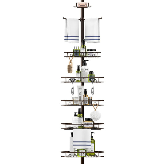 Bomclap 5-level telescopic shower shelf, metal corner shelf with towel holder, shower caddy without drilling with towel bar, shower corner for 137-290 cm height.