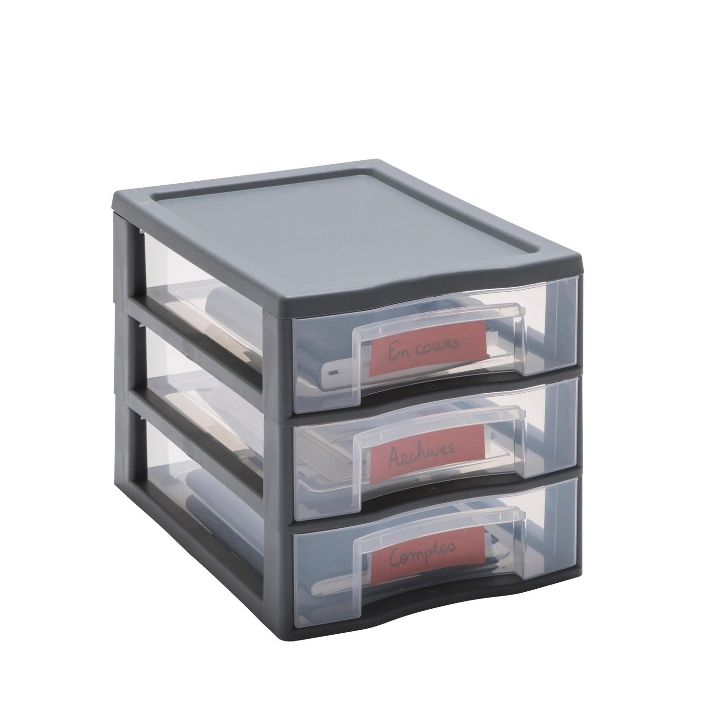 SUNDIS Day Tower, plastic drawer unit, grey, 3 transparent drawers for A4 paper, height 25.5 cm, stackable, great for desk, classroom, documents, accessories.