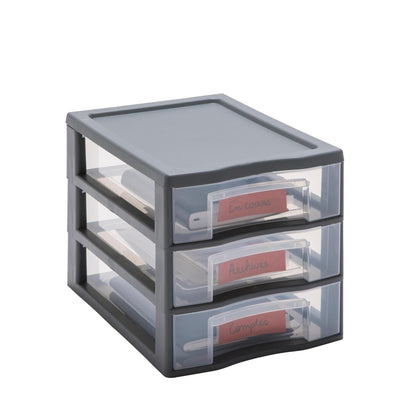 SUNDIS Day Tower, plastic drawer unit, grey, 3 transparent drawers for A4 paper, height 25.5 cm, stackable, great for desk, classroom, documents, accessories.