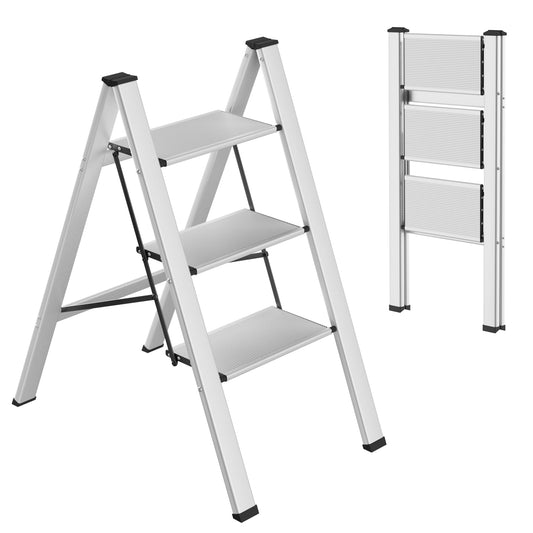TLGREEN Aluminum Step Ladder 3-step Foldable Ladder Non-slip Standing Ladder Household Ladder Multifunctional Step Stool Easy to Store up to 150kg Load Capacity for Kitchen Household Outdoor Office Silver