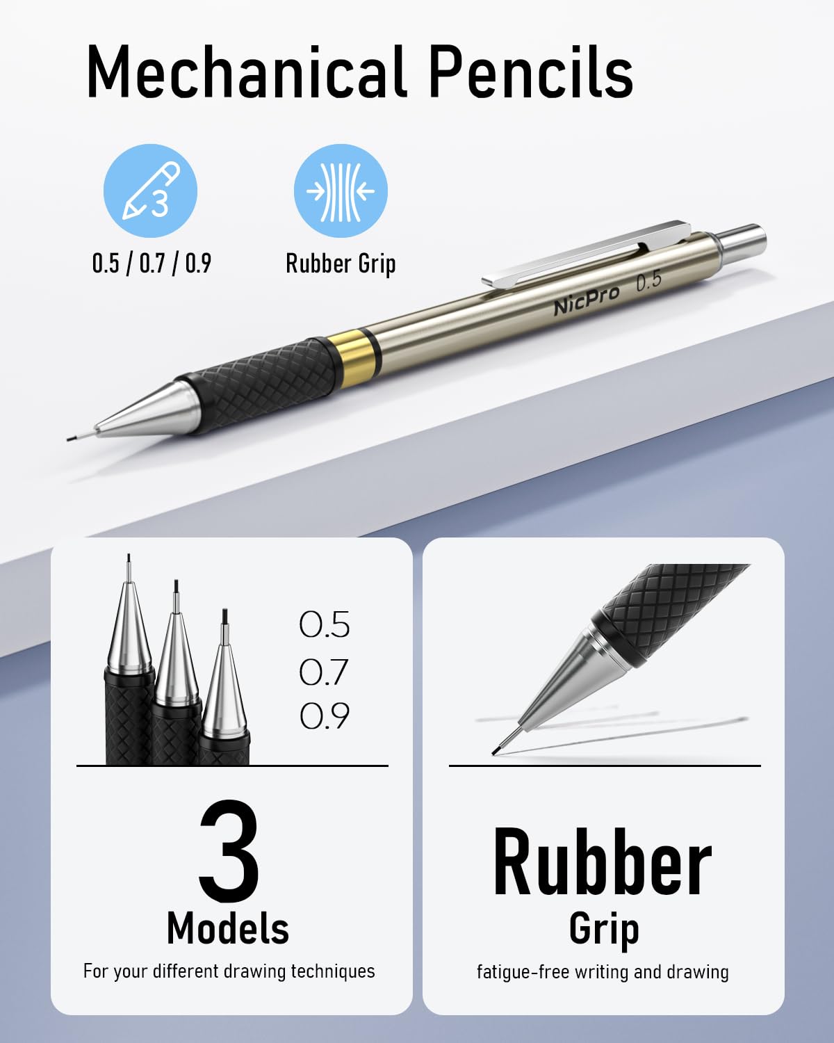 Nicpro 6 Piece Metal Mechanical Pencil Set with Case, Golden Pencils 0.5 & 0.7 & 0.9 & 2.0 mm Mechanical Pencil (2B HB 2H) with 12 Tubes of Lead, for Writing, Sketching, and Drawing