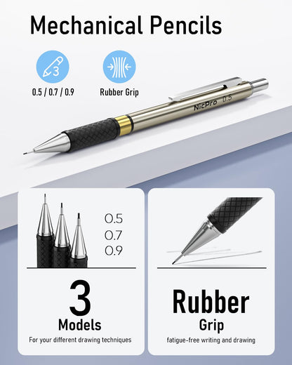 Nicpro 6 Piece Metal Mechanical Pencil Set with Case, Golden Pencils 0.5 & 0.7 & 0.9 & 2.0 mm Mechanical Pencil (2B HB 2H) with 12 Tubes of Lead, for Writing, Sketching, and Drawing