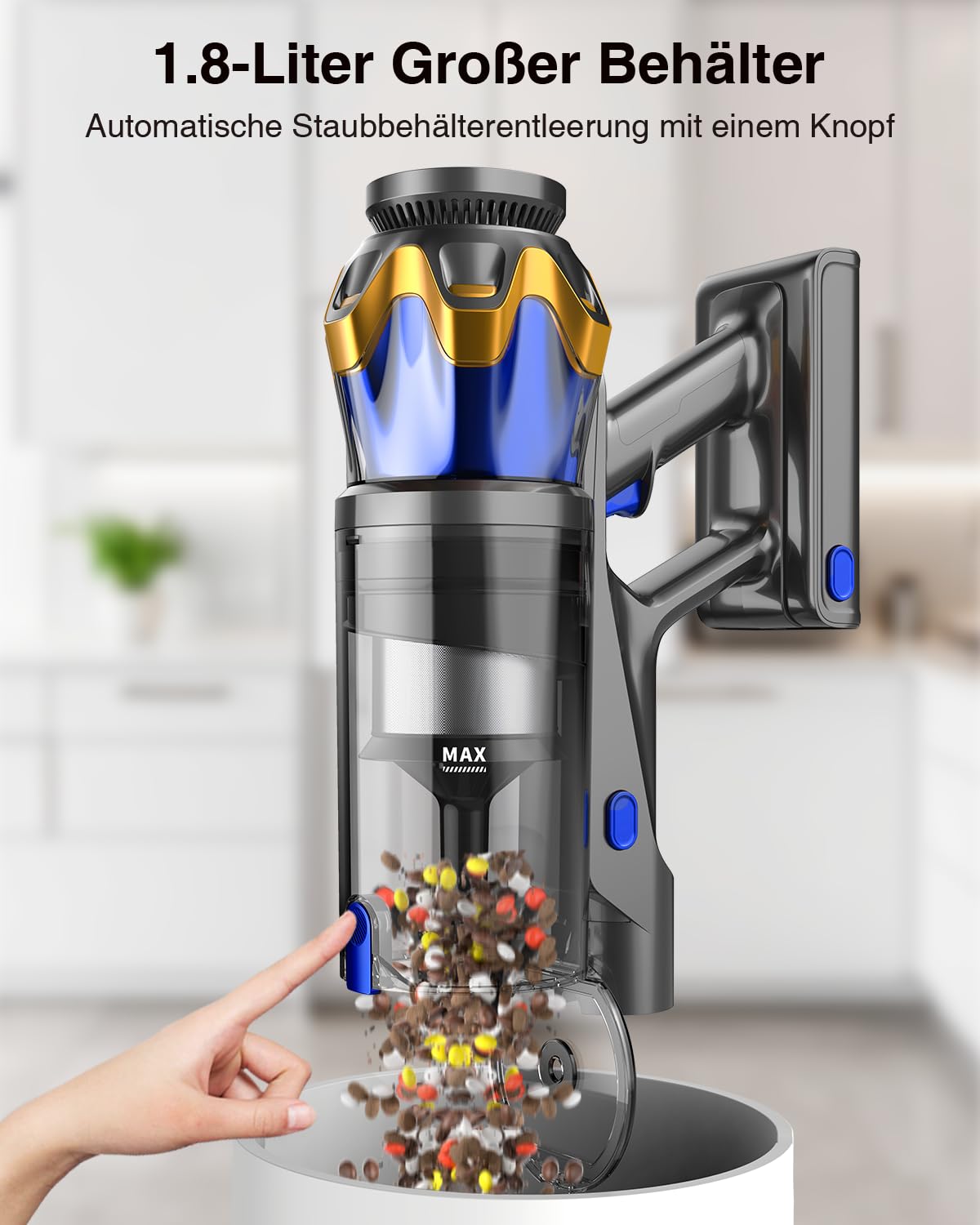Cordless vacuum cleaner 45000Pa/550W/65min, 1.6L with display, anti-tangle brush, self-standing, wall charging station, 8-layer filtration, ultra quiet, for pet hair/carpets/hard floors/car.