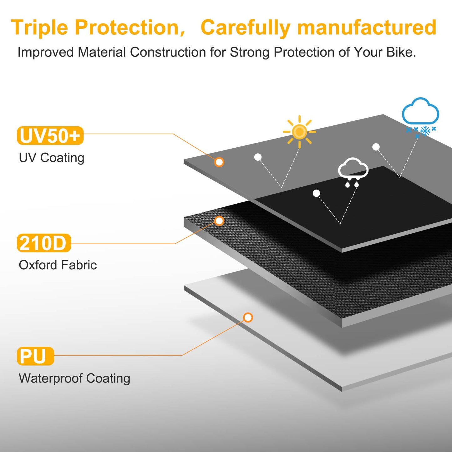 Toptrek bike cover made of 210D Oxford fabric for outdoor use. High-quality cover with lock holes and sun protection. Tear-resistant and includes a storage bag. Fits 3 bikes, dimensions 220x120x110cm.