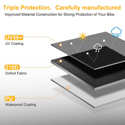Toptrek bike cover made of 210D Oxford fabric for outdoor use. High-quality cover with lock holes and sun protection. Tear-resistant and includes a storage bag. Fits 3 bikes, dimensions 220x120x110cm.