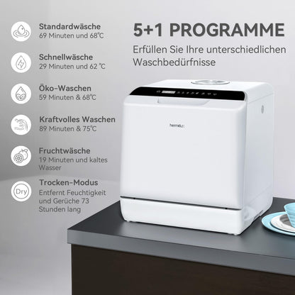 Hermitlux table dishwasher, mini dishwasher can be used with or without water connection, 43 cm wide, space for 4 place settings, suitable for camping, 175 kWh/year, white