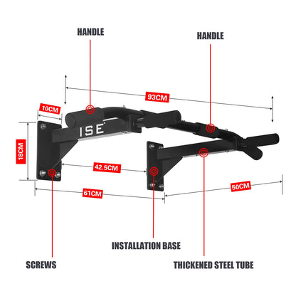 ISE Multifunction Fitness Pull-Up Bar for wall mounting, pull-up bar up to 200kg with non-slip grips, numerous pull-up exercises, wall bracket & 8 heavy-duty plugs for installation SY-165