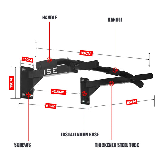 ISE Multifunction Fitness Pull-Up Bar for wall mounting, pull-up bar up to 200kg with non-slip grips, numerous pull-up exercises, wall bracket & 8 heavy-duty plugs for installation SY-165