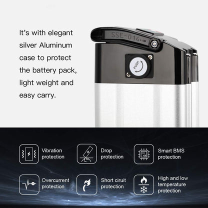 SEASON E-Bike Pedelec Battery Silverfish 36V 10.4Ah 385Wh, compatible with 36V 250W/350W/500W motors, for MiFa Rex Prophete Aldi Bike, compatible with Phylion/XH370-10J, Zhenlong/ZL1010-F.