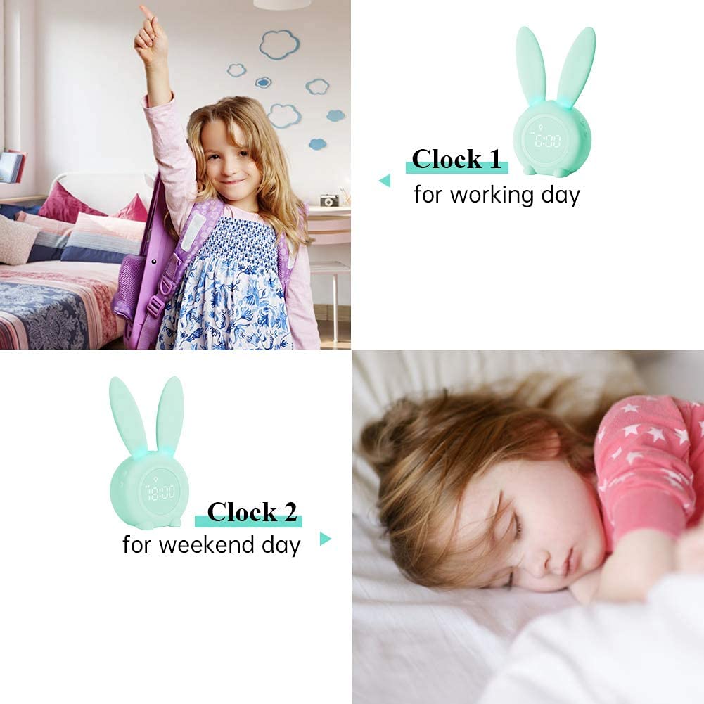 YONGYAO Kids Light Alarm Clock with Night Light, Cute Rabbit Children's Alarm Clock, 2 Alarms, Snooze and Timer, Adjustable Volume, Alarm Clock for Girls Boys