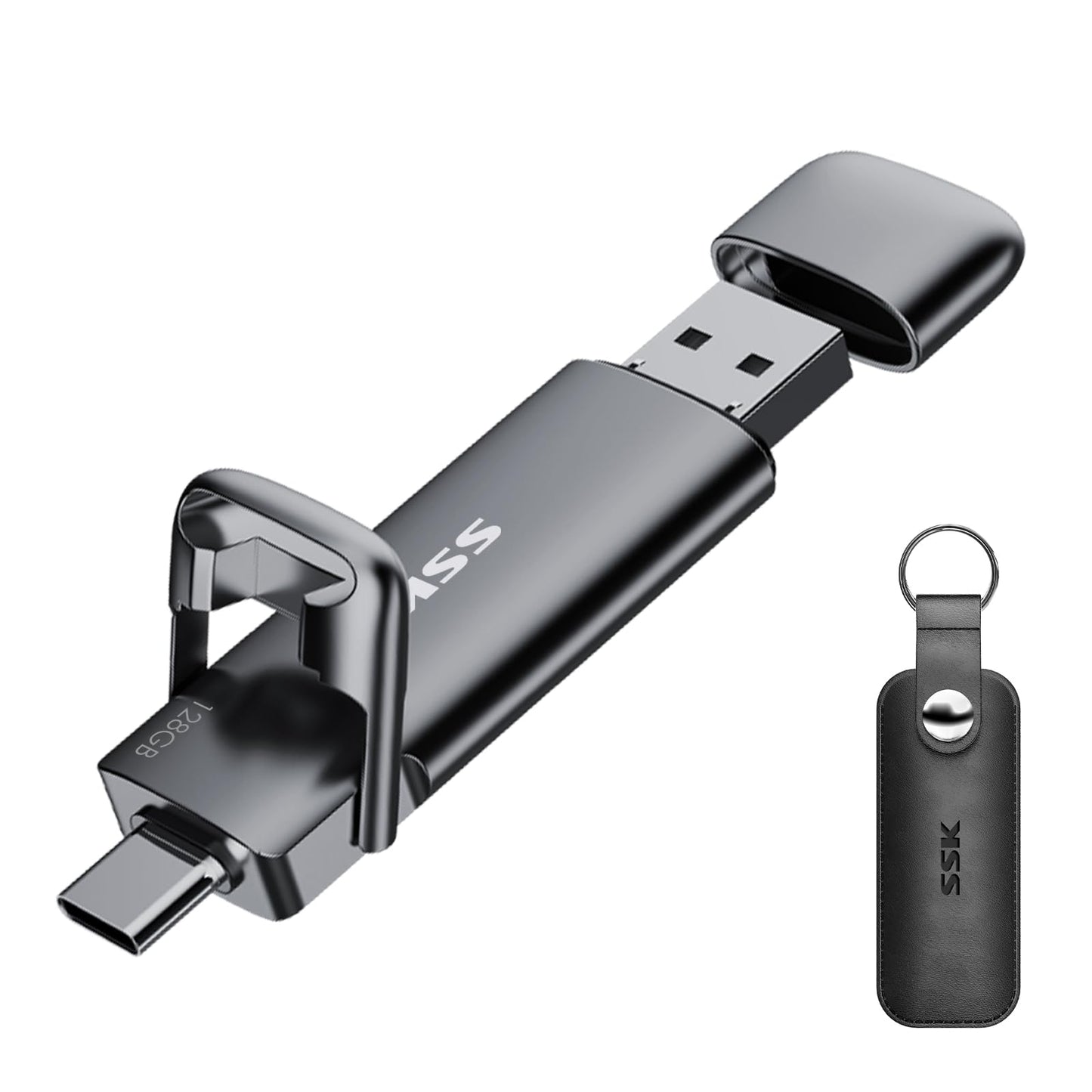 SSK USB C External SSD 128GB, with up to 550 MB/s Extremely fast USB stick, Dual-USB Type C + USBA USB3.2 Gen2 memory stick for Android phone, laptop, tablet, Mac.