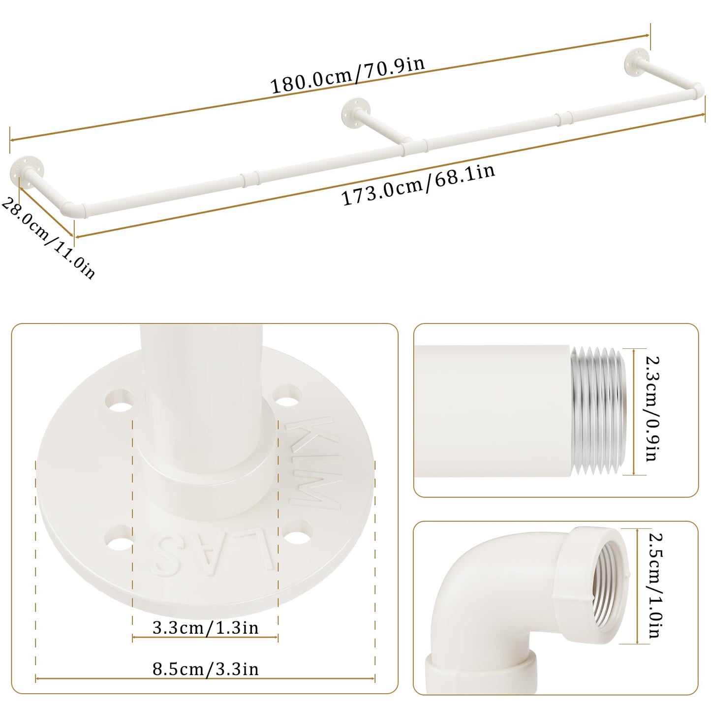 Yawinhe industrial pipe clothing racks, 180cm wall-mounted clothes hangers, space-saving wall shelf kitchen rack with 3 bases, for business, cream color, 2-pack, YMG004W-2.