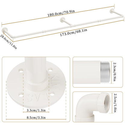 Yawinhe industrial pipe clothing racks, 180cm wall-mounted clothes hangers, space-saving wall shelf kitchen rack with 3 bases, for business, cream color, 2-pack, YMG004W-2.