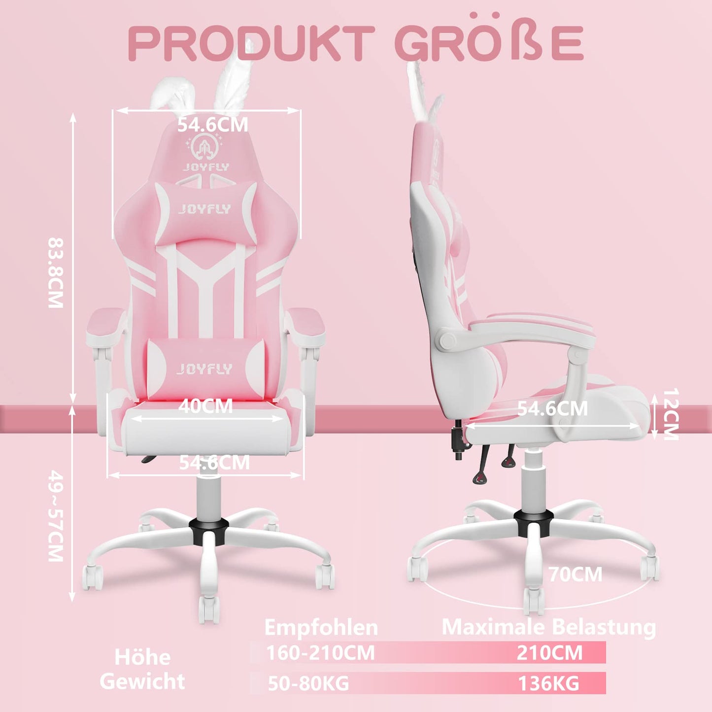 JOYFLY Pink Gaming Chair with High Back Office Chair PU Leather Gaming Seat with Lumbar Support for Girls PC Chair Ergonomic Gaming Chair, Headrest Lumbar Support (Pink)