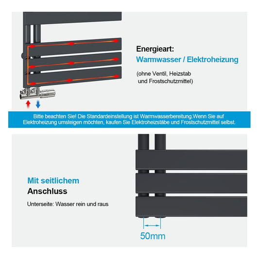 Heilmetz flat design bathroom radiator towel warmer with side connection 400x1176mm in anthracite color, 518W.