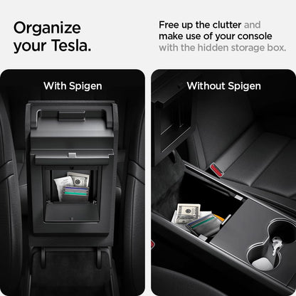 Spigen Tesla Model Y (~2024) and Model 3 (2021-2023) One-Touch Hidden Storage Box (Carbon Edition) Designed for Tesla Model Y and 3 center console organizer armrest.