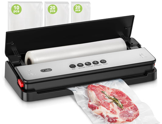 Bonsenkitchen vacuum sealer for dry and moist foods with built-in cutter, 1 roll of bags, 50 professional bags