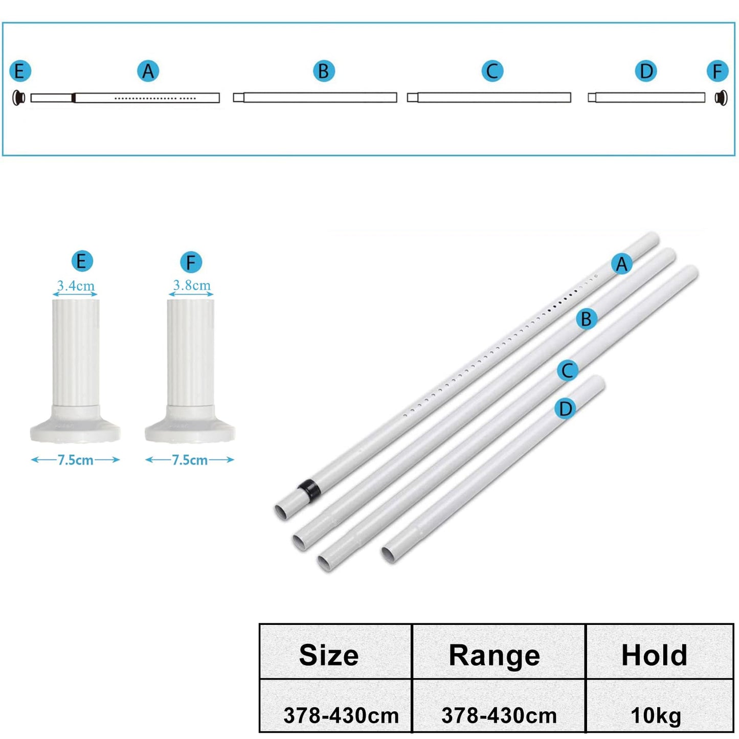 Telescopic pole without drilling, 378-430cm extendable stainless steel shower curtain rod for large windows/shower room (White-1, 378-430cm)