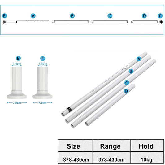 Telescopic pole without drilling, 378-430cm extendable stainless steel shower curtain rod for large windows/shower room (White-1, 378-430cm)