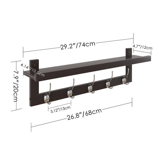 SMIBUY Coat Rack with Shelf Wall Mounted, 74 cm Entryway Organizer for Wall, Bamboo Hanging Shelf with 5 Double Metal Hooks for Bathroom, Bedroom, Kitchen (Dark Brown)