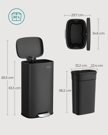 SONGMICS Kitchen Trash Can, 30 Liter, Garbage Bin, Step Trash Can, Kitchen Trash Can with Soft Close Lid and Inner Bin, Pedal Bin, Steel, black LTB03BK