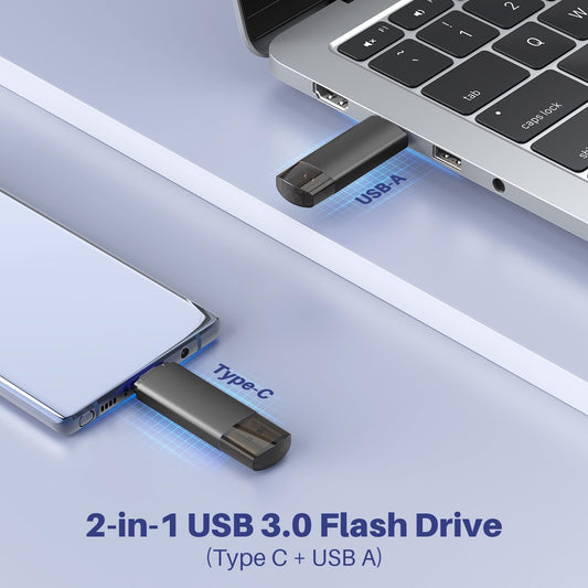 1 piece 128GB USB 3.0 & USB-C flash drive, 2-in-1 high-speed OTG memory stick, mini flash drive for iOS, Android phones, Linux, laptops, black