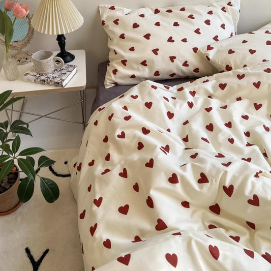 Nayoroom bedding 135x200 White with Red Hearts Duvet Cover 2-piece Microfiber Red White Hearts Bedding Set and Pillowcase 80x80 cm with zipper