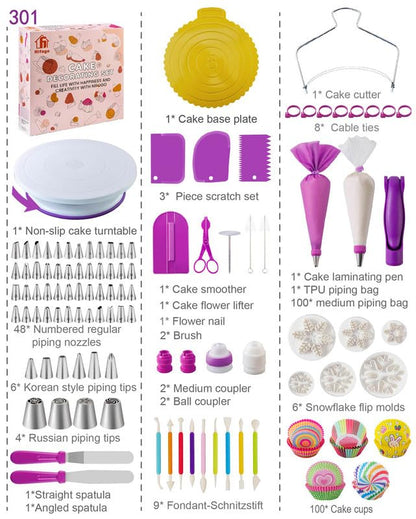 Nifogo Cake Decorating Set 301 Pieces, Rotating Cake Stand, Piping Bag with Tips, Piping Nozzle Set, Baking Accessories, Cake Decorating Supplies for Beginners