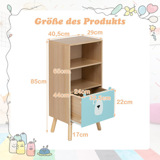 COSTWAY Children's Bookshelf with 3 levels, wooden kids shelf with drawer & 2 open compartments, toy storage shelf for children's room playroom, 40.5 x 29 x 85 cm (Model 1)