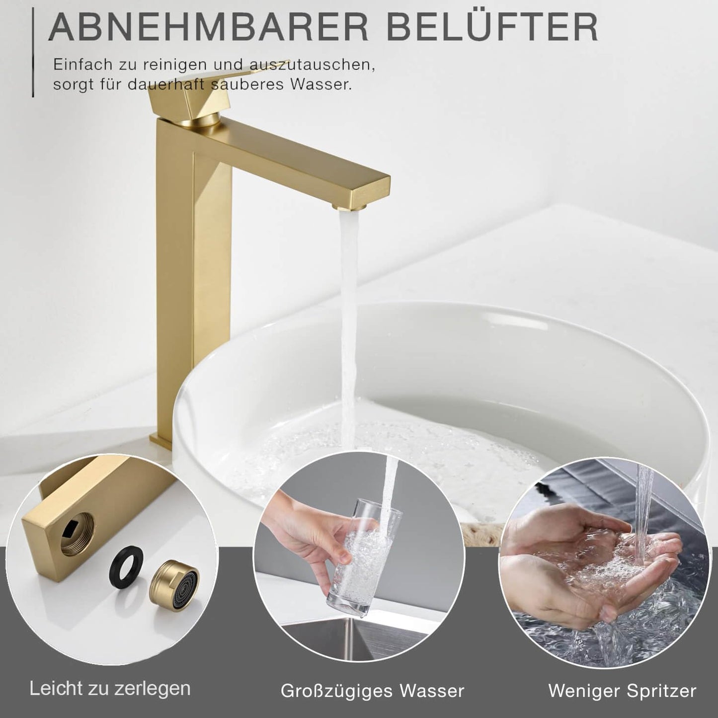 DETBOM Bathroom Faucet Gold, High Basin Faucet made of stainless steel, High spout height 250 mm, with low-noise ceramic valve core, Mixer Tap for Hot and Cold Water Adjustable