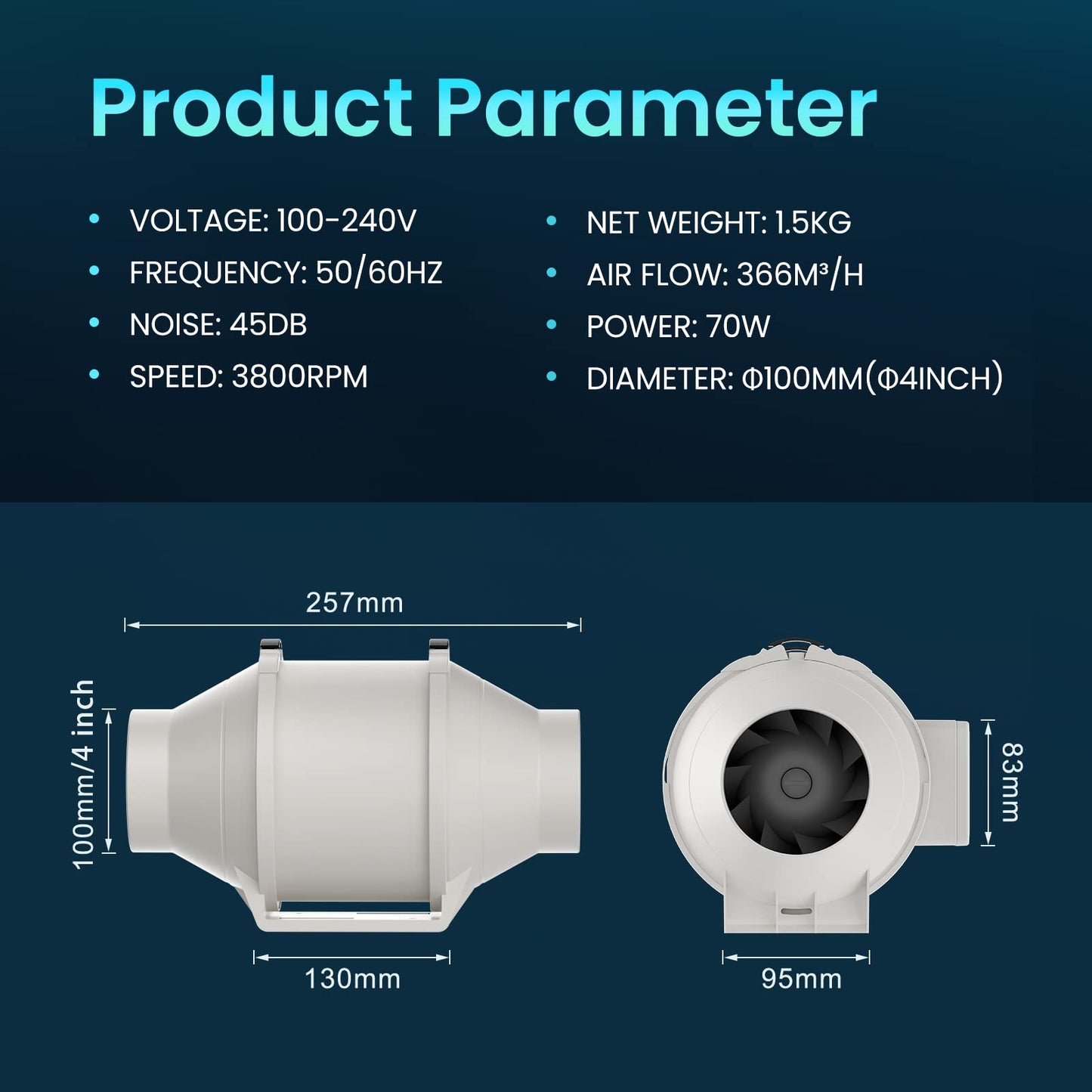 HG Power duct fan 100mm adjustable, 366m³/h exhaust fan with speed controller EC motor 110-240V Quiet inline duct fan with EU plug bathroom fan duct fan for kitchens bathrooms garage