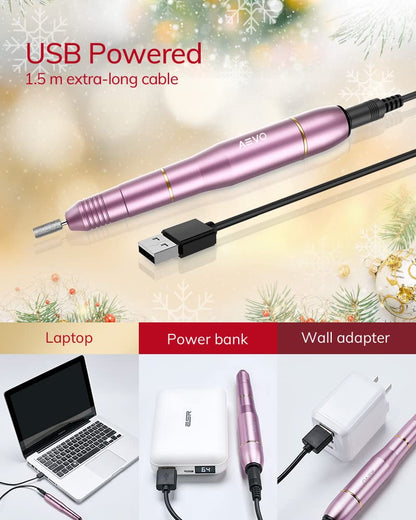 AEVO Portable Electric Nail Drill Set/ professional compact electric nail file for pedicure manicure/ grinder for acrylic gels callus, USB powered, 11 drill bits/ for home