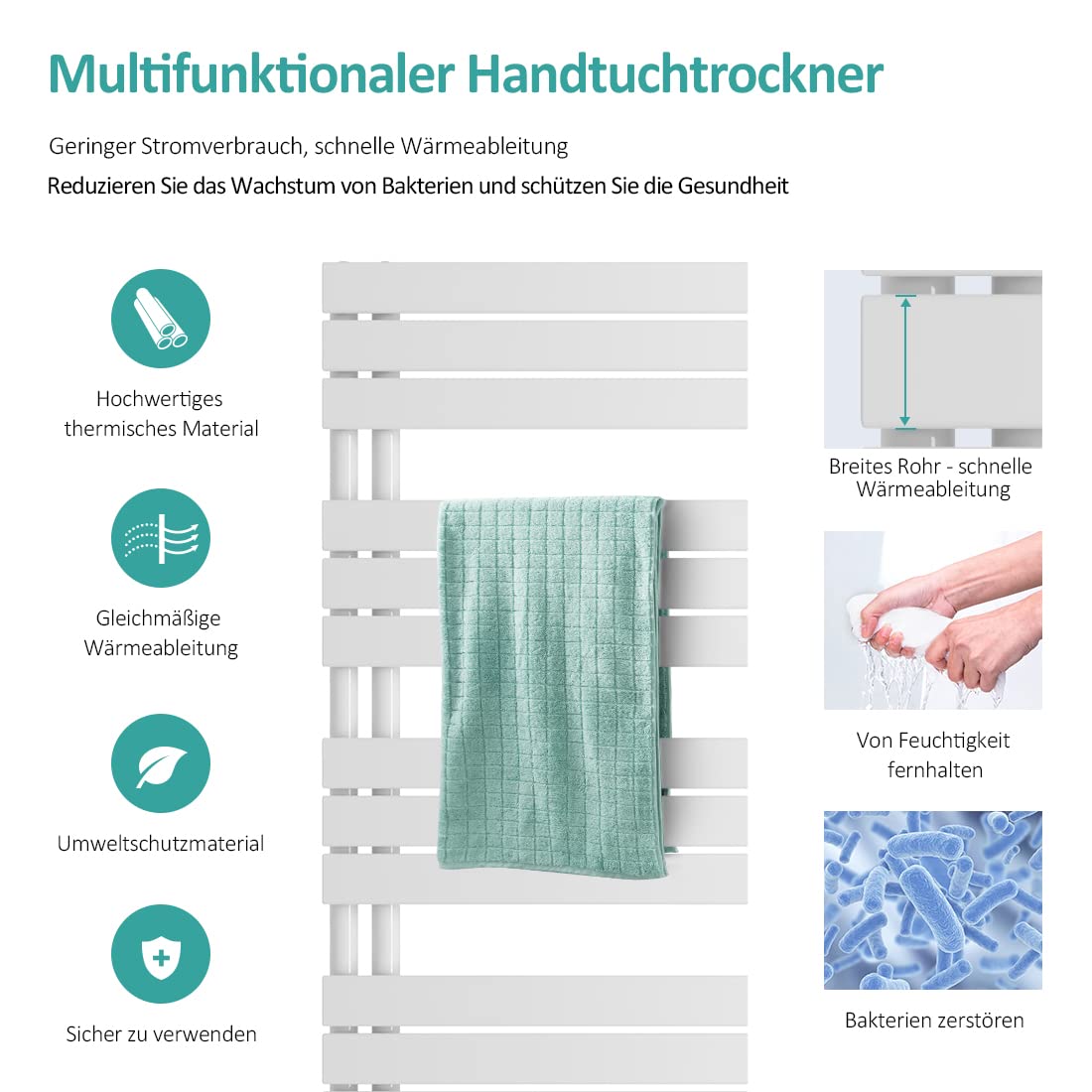 EMKE bathroom radiator 104x50 cm, towel radiator with side connections, towel warmer, towel rack, towel dryer, flat bathroom radiator, white towel heater 529W