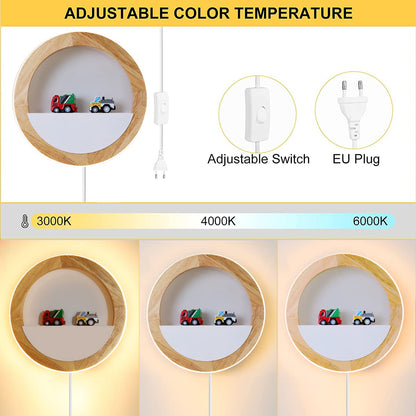 QJUZO Kids Room Wall Light Wood with Plug and Switch, 15W LED Round Indoor Wooden Wall Lamp for Bedroom Night Light Children Bed Lamp, Warm White/Cool White/Neutral White