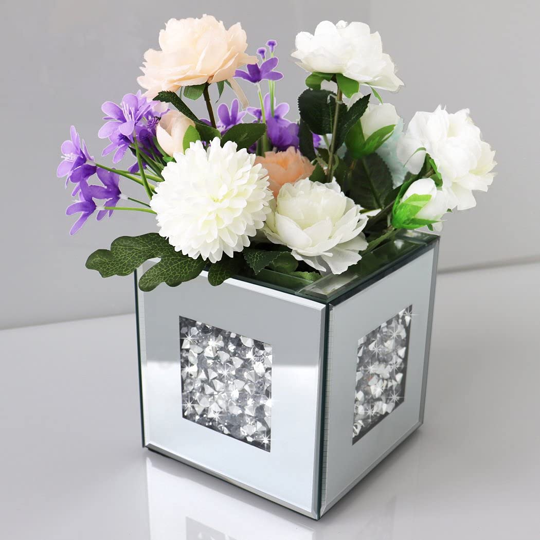 Glass vase, mirrored, crystal glass, 15.2 x 15.2 x 15.2 cm, decorative, flower, luxurious, for home decor, cannot hold water.