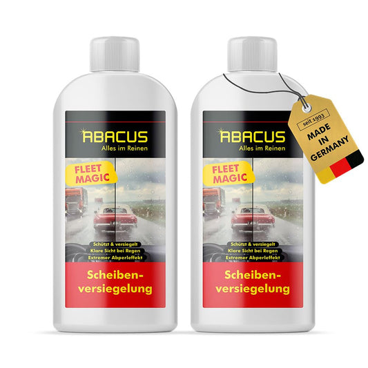 ABACUS® Fleet Magic® glass sealant for cars ensures clear visibility with its rain-repellent Lotus Effect. This nanocoating for glass offers protection against water and dirt, allowing for a crystal-clear view. Available in a pack of 2X 250 ml (7101).