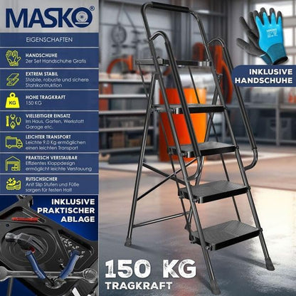 MASKO® Folding Step Ladder 4-step ladder with handrails, load capacity up to 150 kg, step stool with anti-slip feature, folding ladder + gloves, tool tray & automatic lock, black