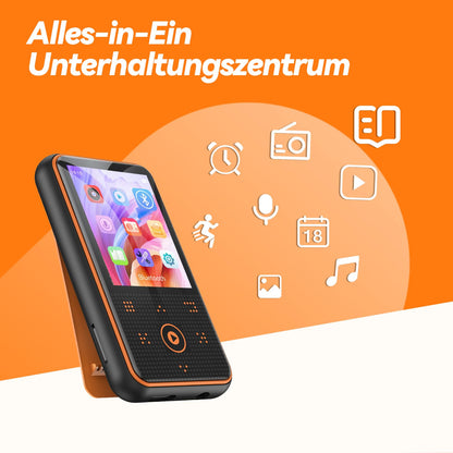 AGPTEK 64GB MP3 player with sport clip, Bluetooth 5.3 player with 1.8-inch TFT color screen, mini music player with touch buttons, FM radio, pedometer, supports up to 128GB SD card, orange
