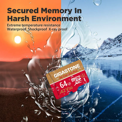 GIGASTONE 64GB Micro SD Card 2-Pack, 4K Camera Pro, compatible with GoPro Switch, up to 95 MB/s, A2 U3 V30 Micro SDXC card with SD adapter.