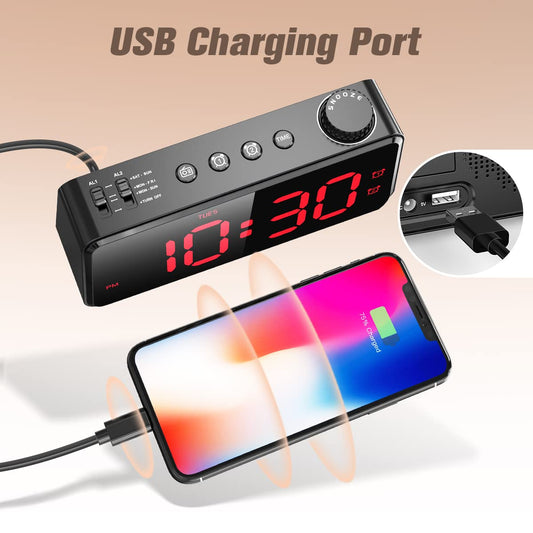 ANJANK Digital Alarm Clock with Radio | Dimmable LED Display | AC Powered with Battery Backup | Dual Alarm with Weekday or Weekend | USB Charging Port | Easy-to-read red numbers for seniors