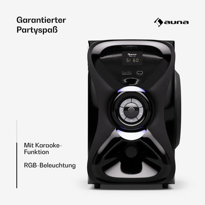 auna Areal 825 5.1 wireless sound system with Bluetooth, 100W subwoofer, and RGB lighting - USB/SD ports, AUX and optical input, home theater speakers with remote control.