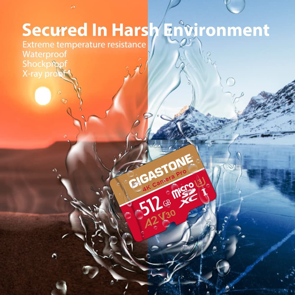 [5 years free data recovery] Gigastone 4K Camera Pro 512GB MicroSDXC memory card and SD adapter, compatible with GoPro drones Switch, speed 100 MB/s, A2 U3 V30 Micro SD card