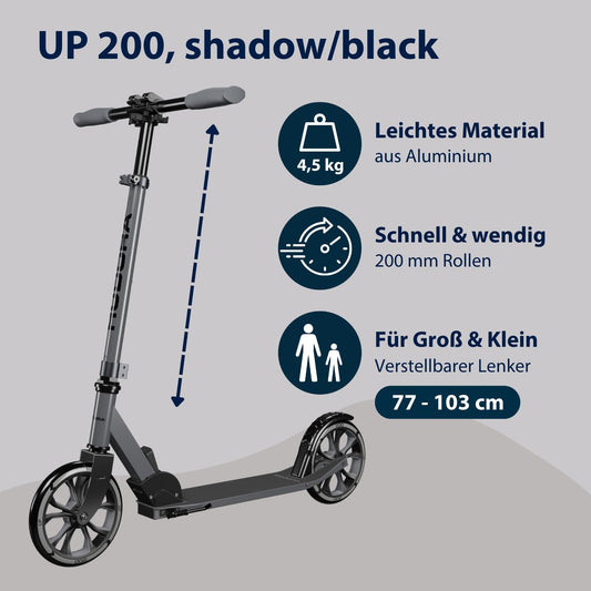 HUDORA Scooter Up 200 - Quiet aluminum scooter for up to 100kg - Height-adjustable & foldable kick scooter - Smooth ride for kids / teenagers & adults