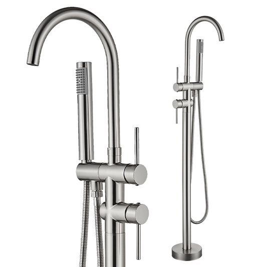 Rozin Freestanding Bathtub Faucet Brushed Nickel Brass Two Handles 360° Rotatable Spout with Hand Shower 150cm Hose Bathroom Tub Faucets