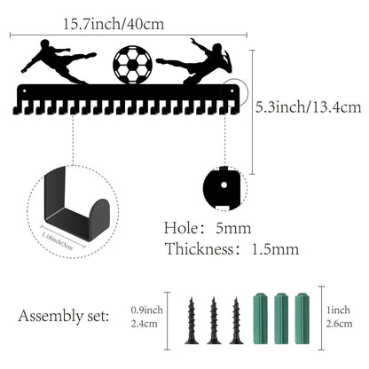 CREATCABIN Football Medal Holder, Hanger, Sport Metal Wall Mount With 20 Hooks For Hanging 60 Medals, Runner, Home Badges, Running, Marathon, Gymnastics, Black, 40 x 13.4cm