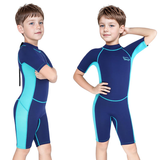 Yikayin Kids Neoprene Wetsuit Shorty, 2.5mm Neoprene for Boys Girls, Thermo UV Swimwear with back zipper for swimming lessons, diving, surfing, snorkeling.