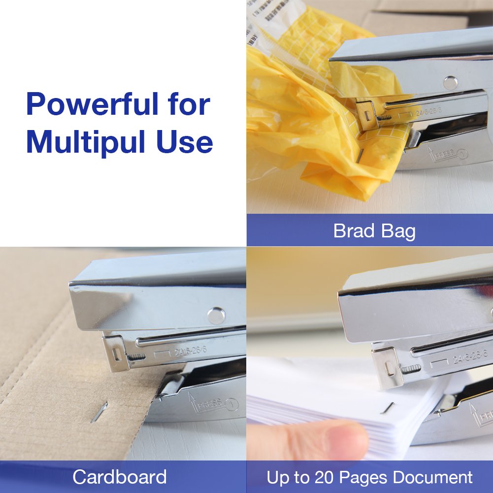 Metal stapler with 1000 staples and staple remover. 20 sheet capacity. Full office-size stapler.